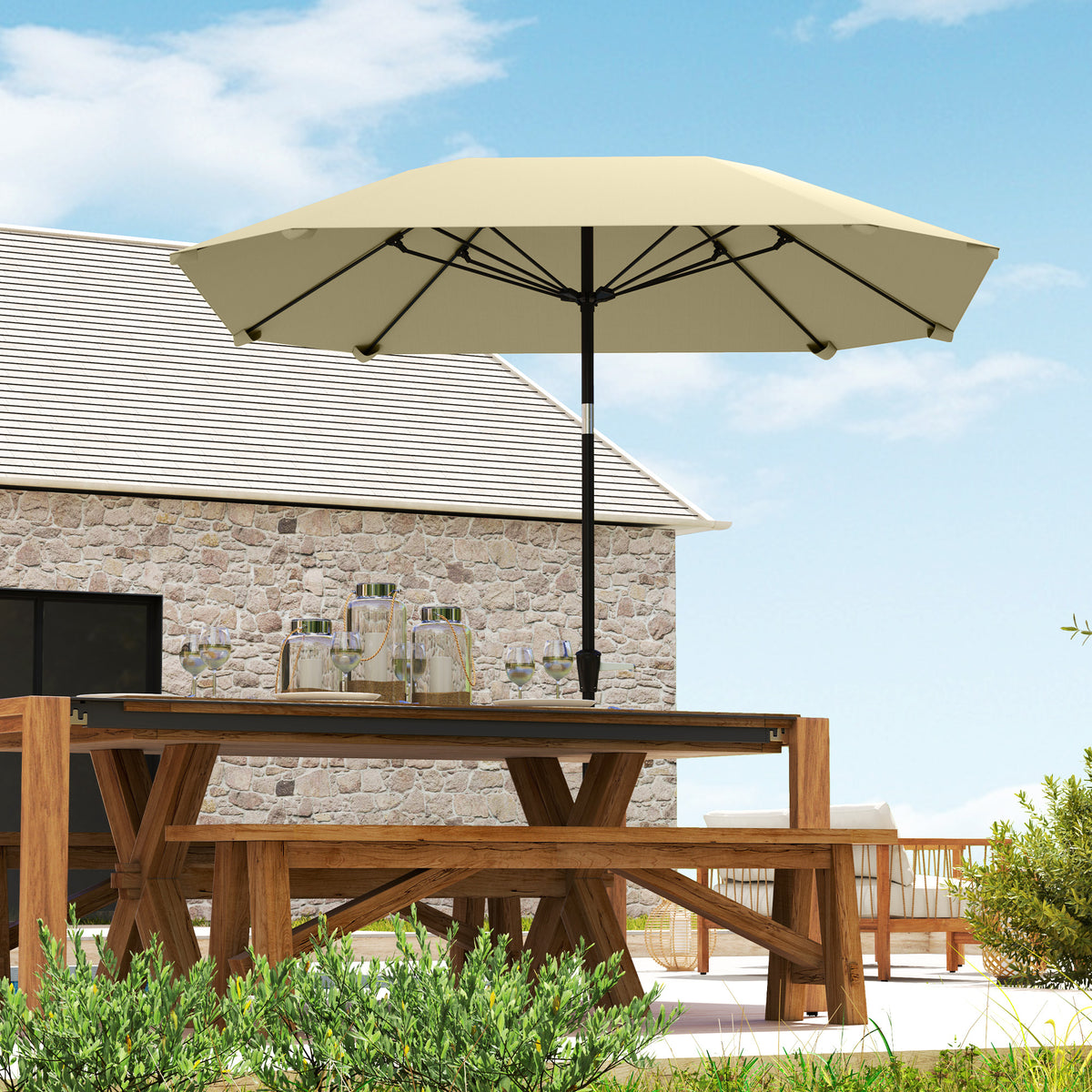 2,3 m Sonnenschirm ohne Basis, Verstellbarer Terrassenschirm mit Kurbel, Polyester, Aluminium, Fiberglas, Beige
