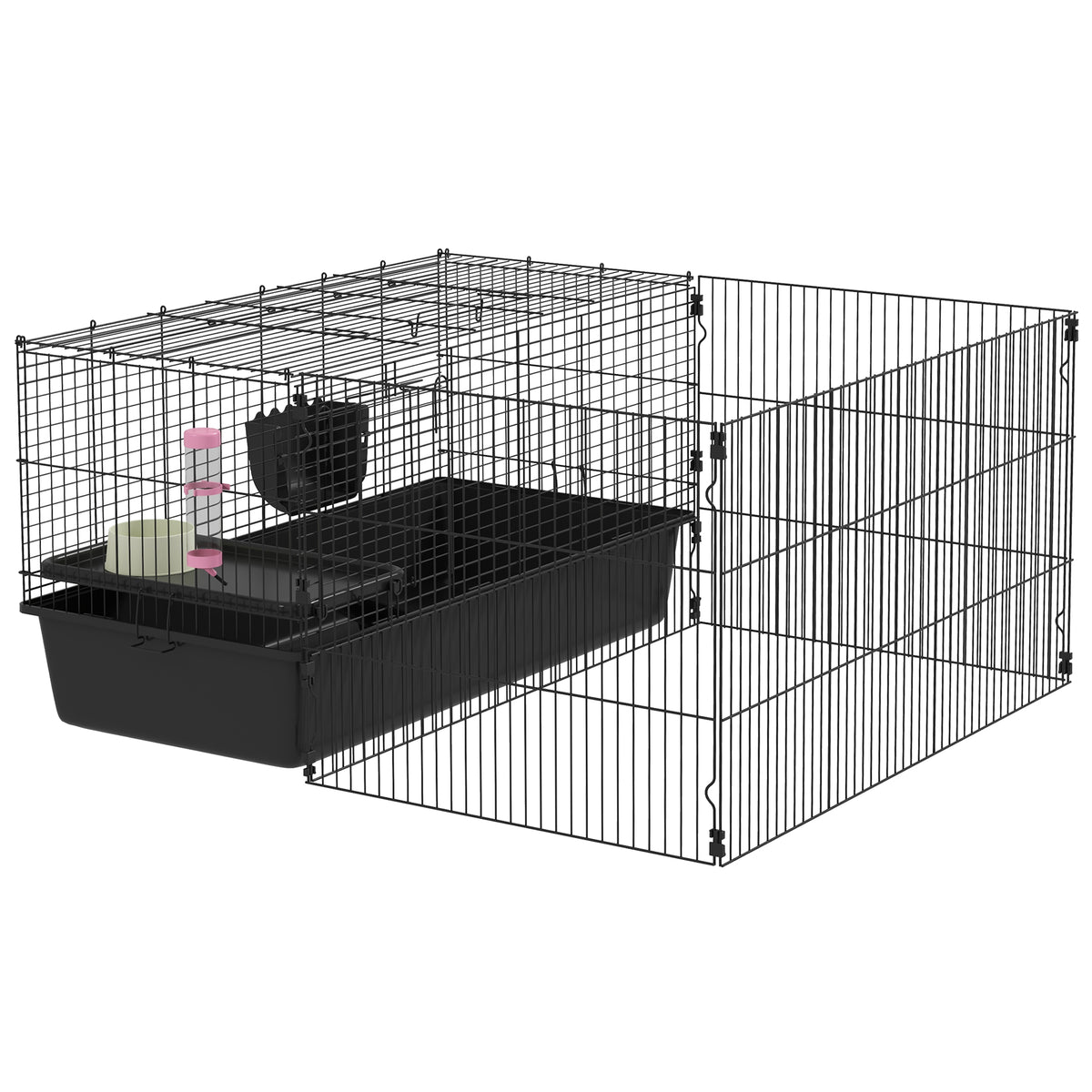 Kleintierkäfig mit abnehmbaren Gehege, Laufgitter mit Stall, inkl. Zubehör, Schwarz