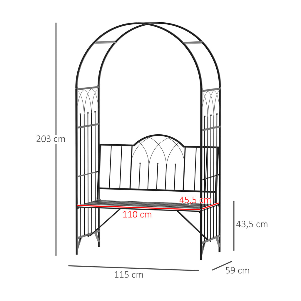  Rosenbogen aus Metall Rankhilfe für Kletterpflanzen Gartenbogen mit Bank Spitze Torbogen Rankbogen für Rosen Bögen Rankgitter Rosenhilfe für Garten 115 x 59 x 203 cm Schwarz