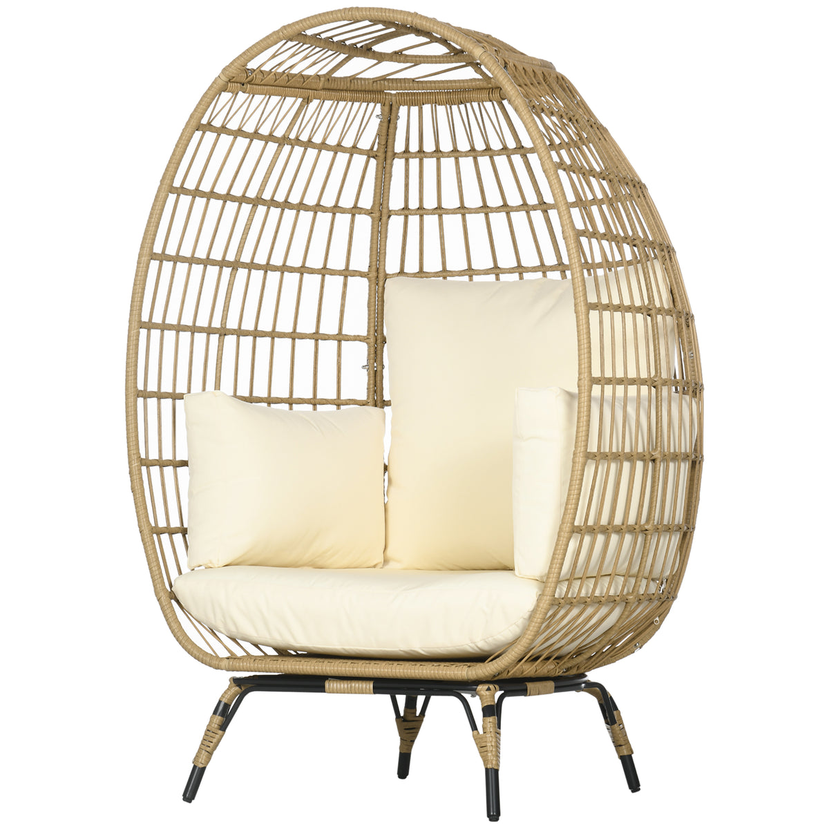 Korbstuhl in Rattanoptik, weiche Sitzkissen, Aluminiumrahmen, khaki+beige, 105 x 90 x 148 cm