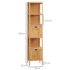 Badezimmerschrank, 3 Regale, 2 Schubladen, Bambus, 30?cm x 30 cm x 140 cm, Natur