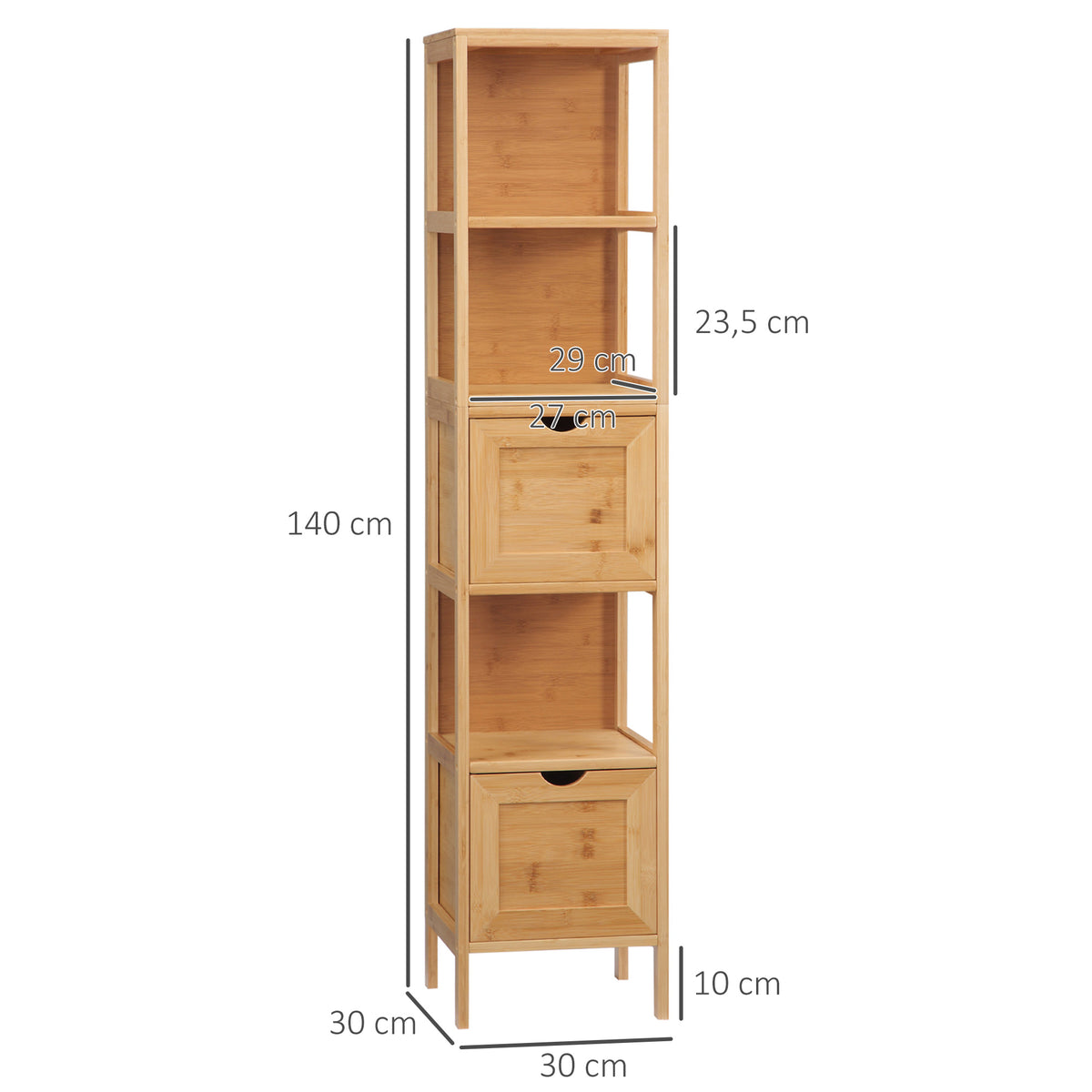 Badezimmerschrank, 3 Regale, 2 Schubladen, Bambus, 30?cm x 30 cm x 140 cm, Natur