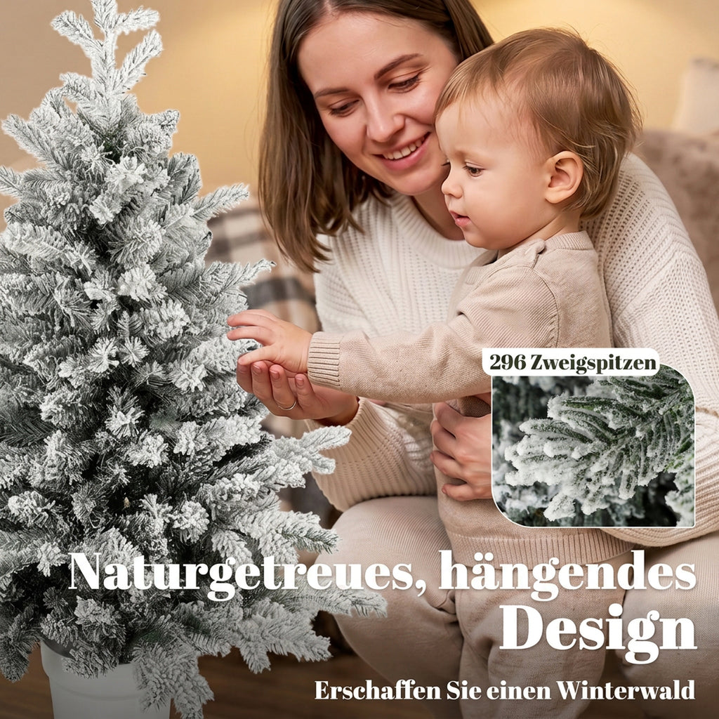 Mini 90 cm Weihnachtsbaum mit 296 Zweigspitzen Schnee-Effekt Topf, Mini-Tischbaum für Zuhause Büro, Weiß