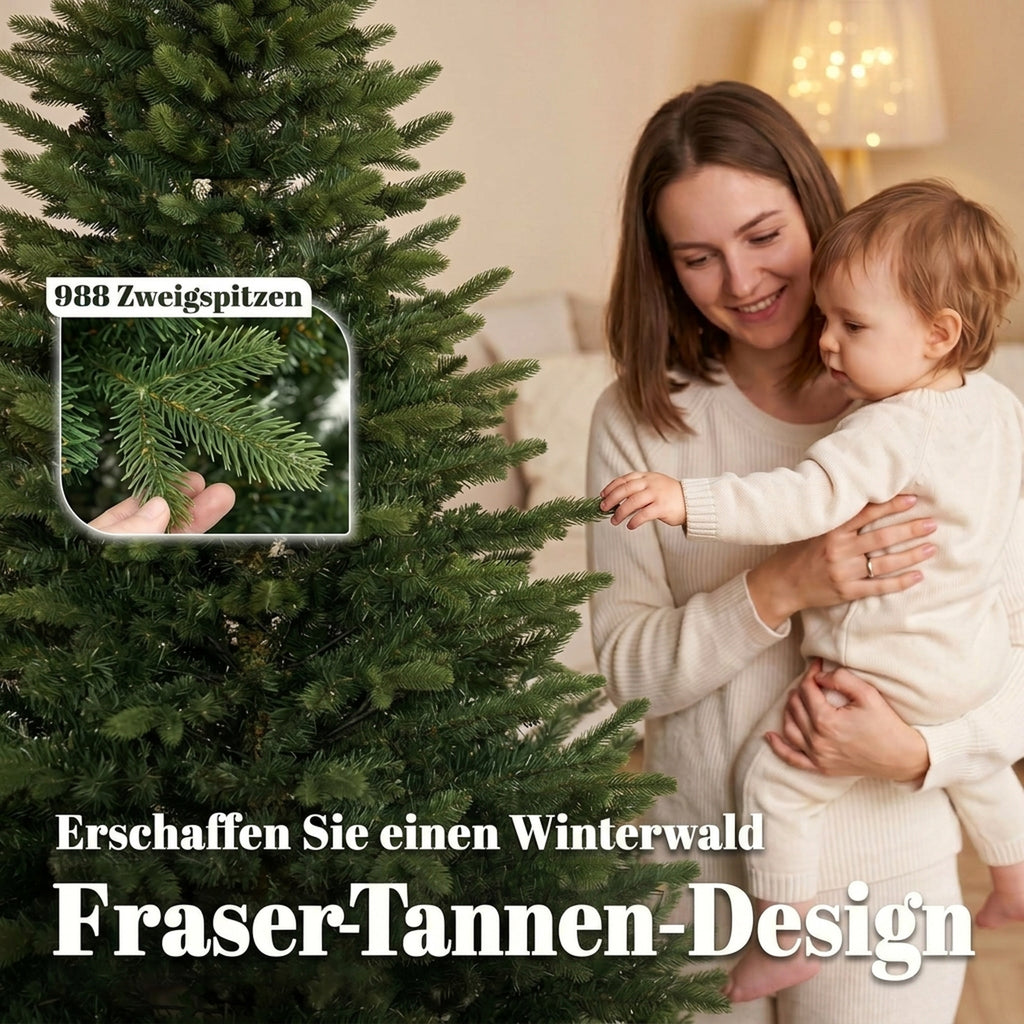 Künstlicher Weihnachtsbaum 180 cm, Fraser-Tanne mit Holzständer, 988 realistische Zweigspitzen für Zuhause und Büro, Grün