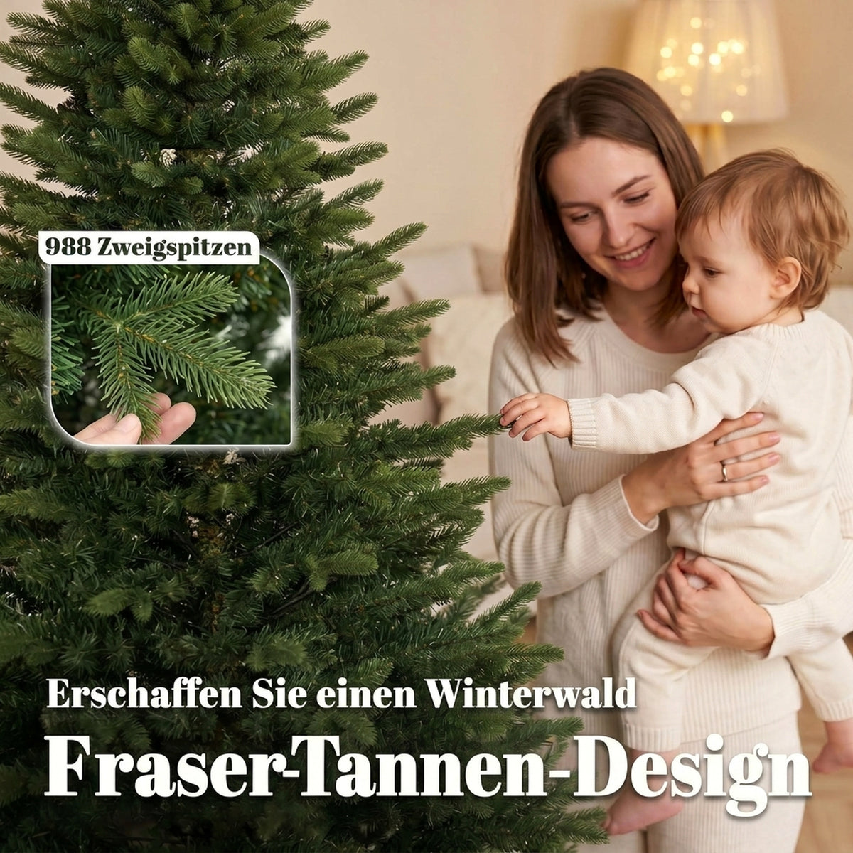 Künstlicher Weihnachtsbaum 180 cm, Fraser-Tanne mit Holzständer, 988 realistische Zweigspitzen für Zuhause und Büro, Grün