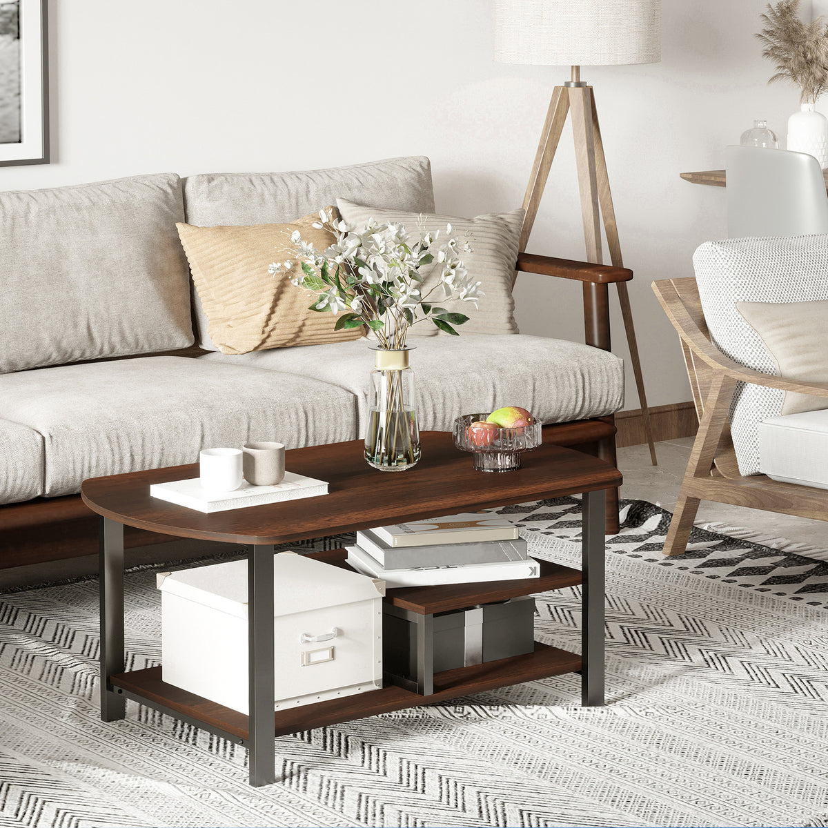 Couchtisch, Wohnzimmertisch Ovaler Kaffeetisch mit Ablagefl?chen f¨¹r B¨¹ro, Wohnzimmer, Schlafzimmer, industrieller Stil, E1 Spanplatte, Stahl, Braun, 100L x 60B x 46H cm