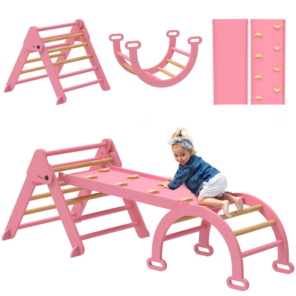 Klettergerüst Indoor, 7 in 1 klappbar Kletterdreieck mit Rutsche, Kletterbogen