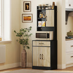 K¨¹chenschrank mit Arbeitsfl?che und Kabelloch, moderne K¨¹chenkommode mit Schublade, 3 offene Regale, Naturholz, Schwarz