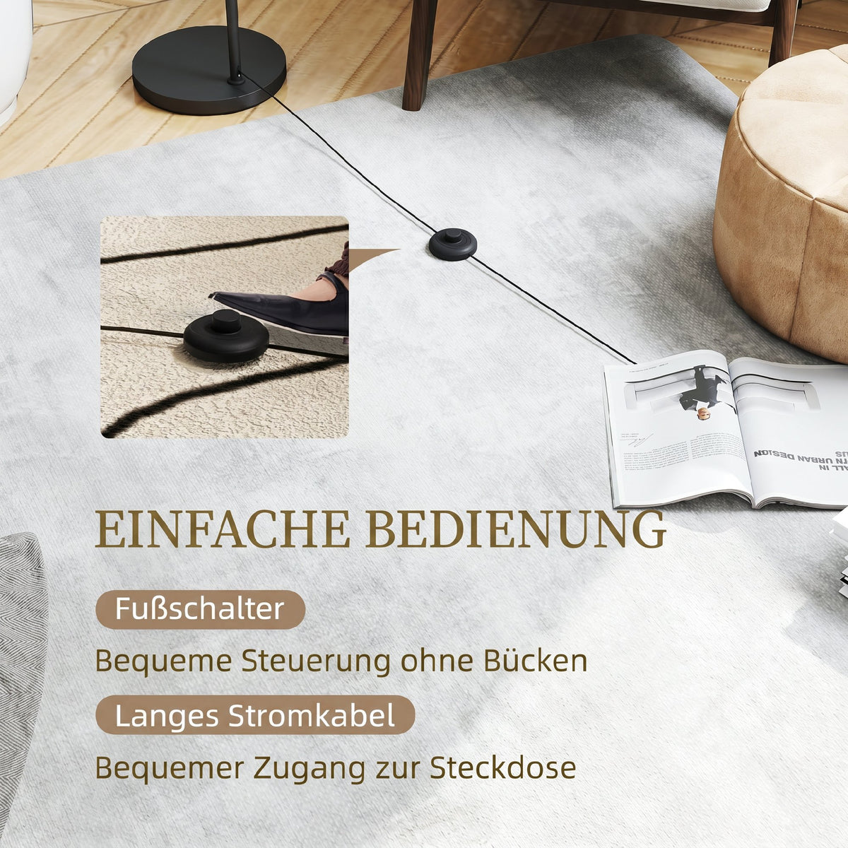 Stehleuchte, Stehlampe, E27 Sockel, Schwarz, weißer Stoffschirm, Fußschalter, Eisen, 47 x 37 x 153 cm