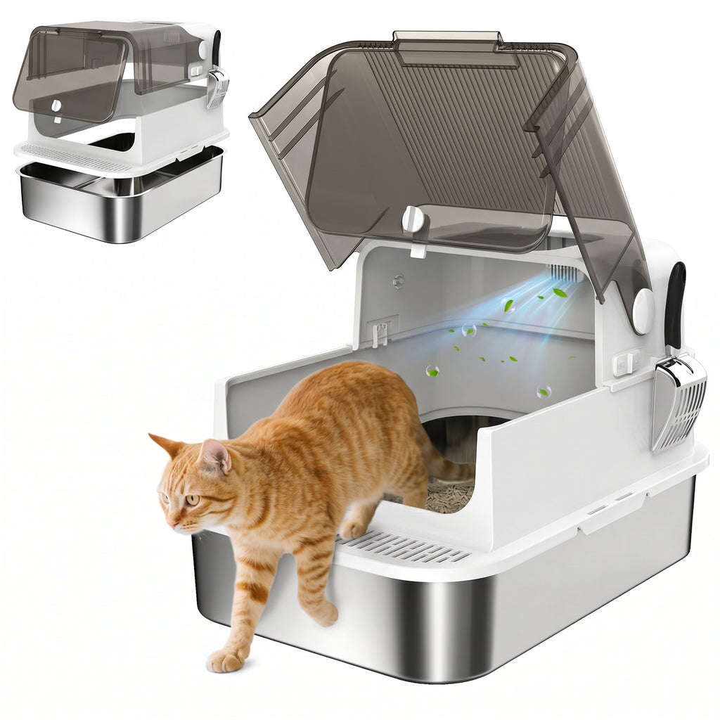 Katzenklo Edelstahl mit Deckel XXL 72L für große Katzen und Mehrere Katzen mit Doppeltüren Schaufel Pedal Anti-Leck