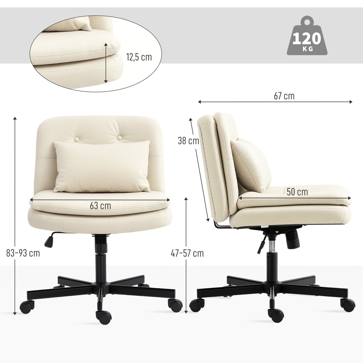 Armloser B¨¹rostuhl mit Kunstleder-Bezug, Schreibtischstuhl mit Rollen, Extra-Kissen, h?henverstellbar, rollbar, Beige