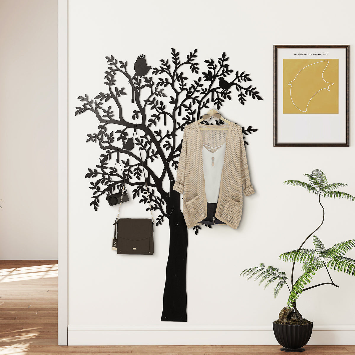 Wandgarderobe, Wandmontierter Mantelhaken, Baumdesign mit V?geln, Schwarz