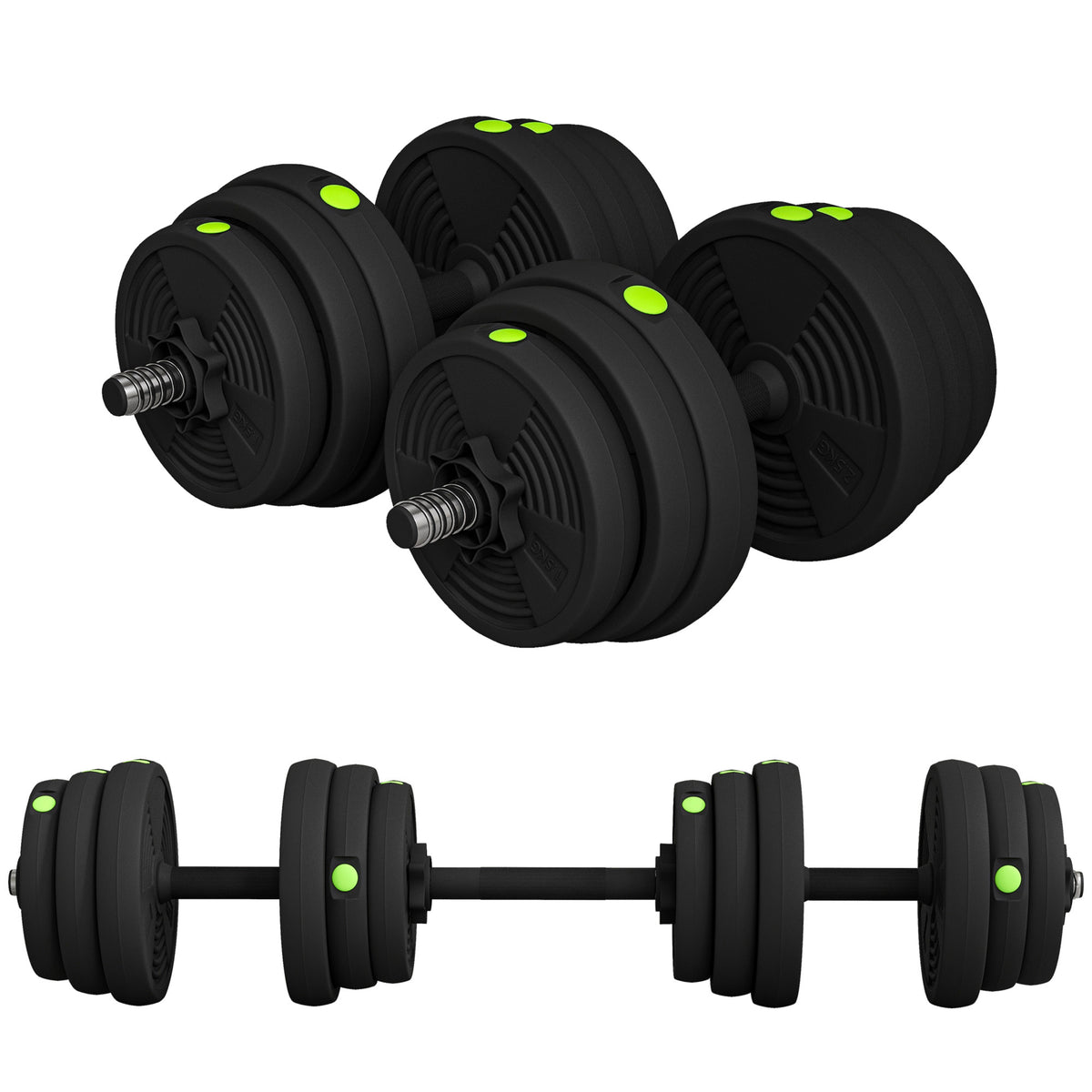 2-in-1 Hantel-Set, Lang- & Kurzhantel, 25 kg, rutschfest, bodenschonend, Schwarz/Grün