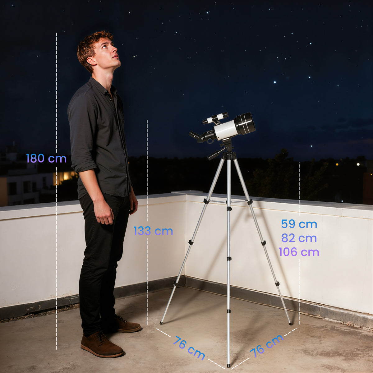 Teleskop, 70 mm Objektiv, 5 x 24 Fernrohr, verstellbares Stativ, Silberfarben