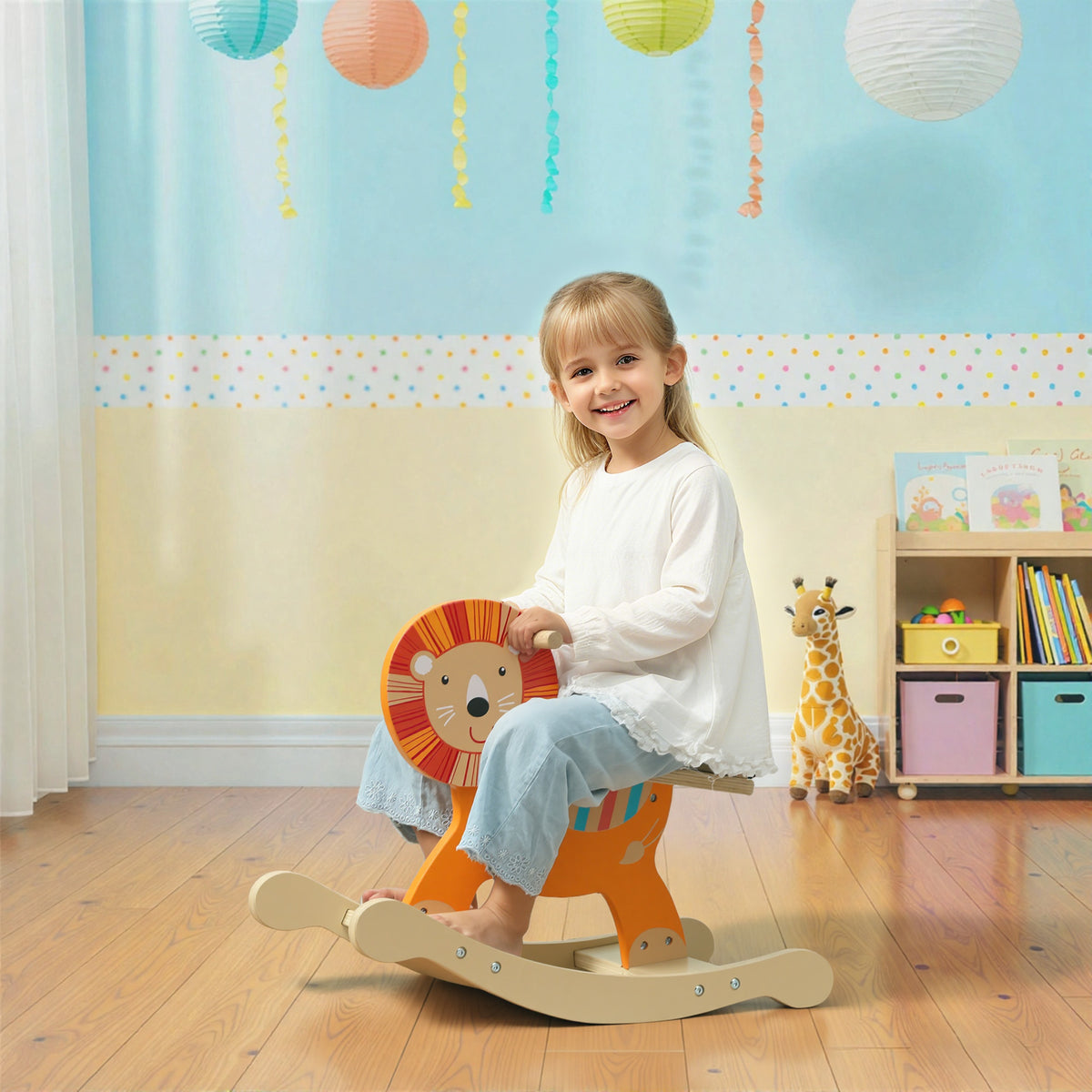 Schaukelpferd mit L?wen-Design, 25 kg Belastbarkeit, 2-5 Jahre, Holz, Orange