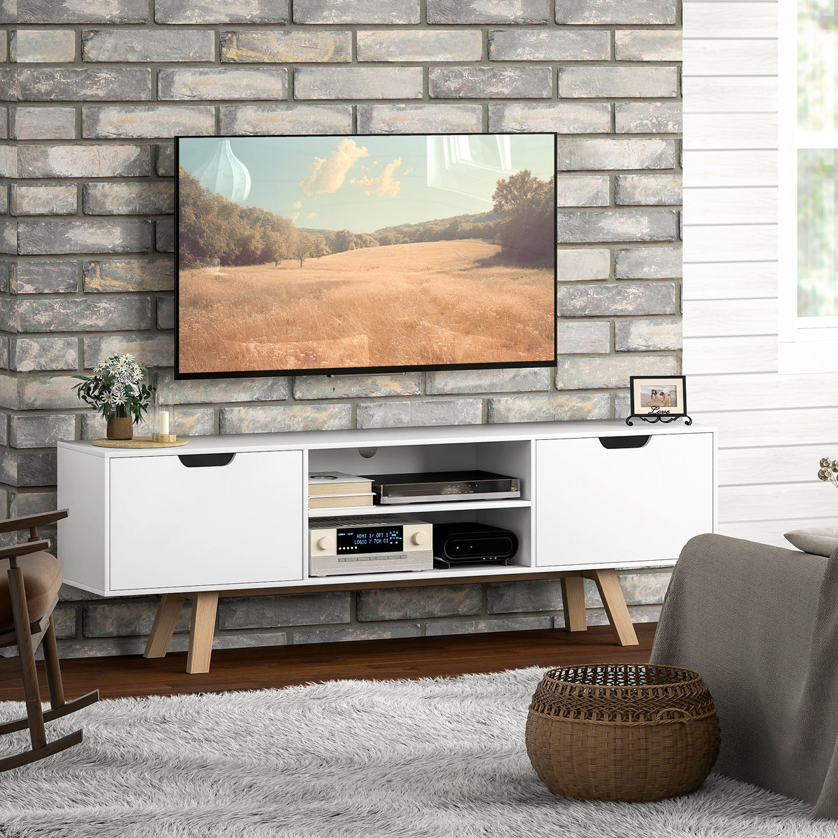 TV-Kommode mit Schubladen und offenen Regalen, MDF, 150 x 39 x 50 cm, Wei?