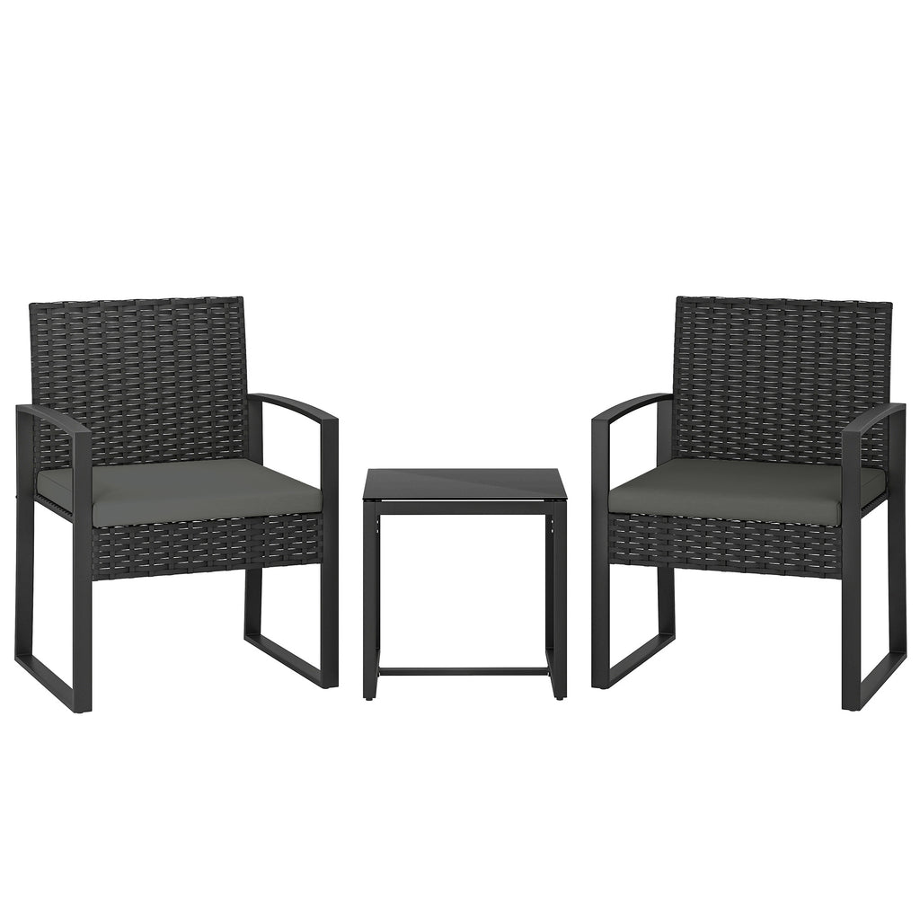 Rattan Bistroset, 3 teiliges Gartenmöbel-Set mit 2 Gartenstühlen, Couchtisch, abnehmbar Kissen Dunkelgrau