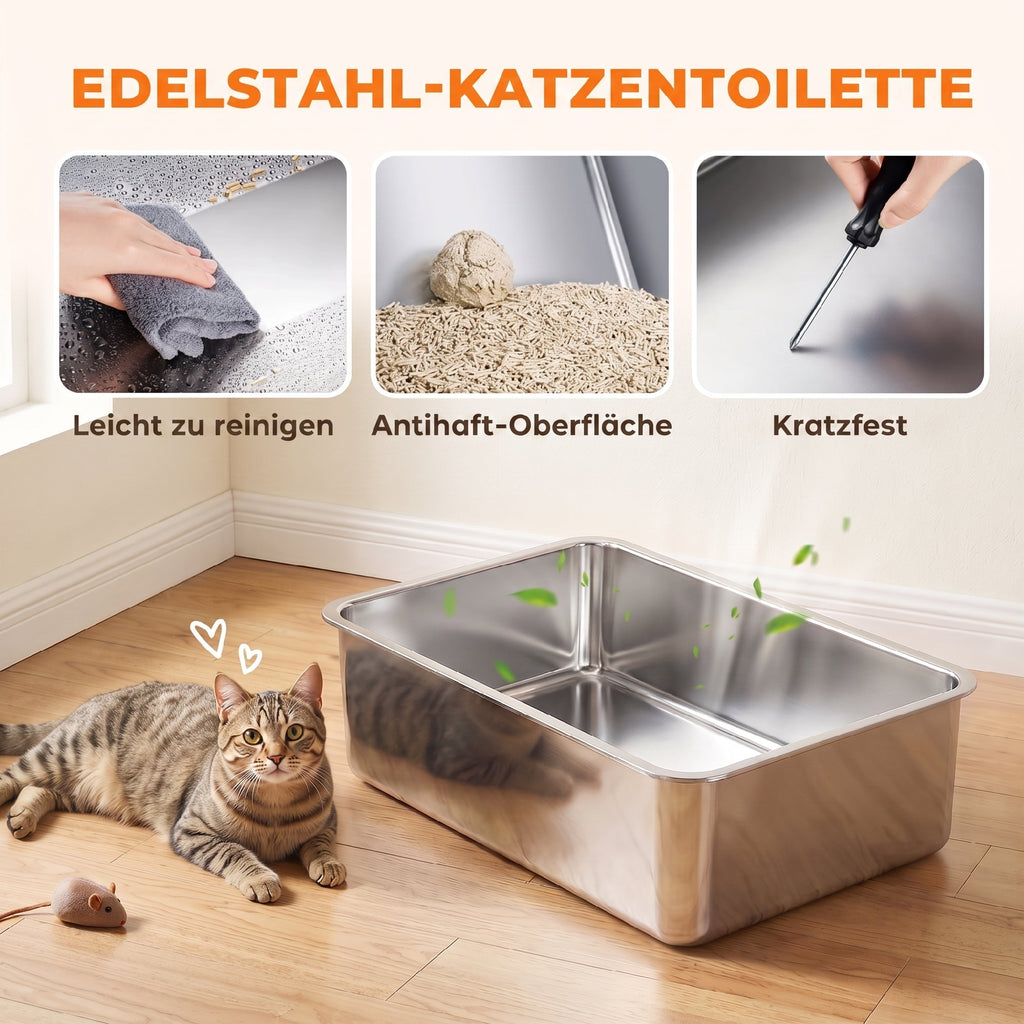 2er-Set Katzenklo Edelstahl XL mit Hohem Rand Deckel 60x40x30cm
