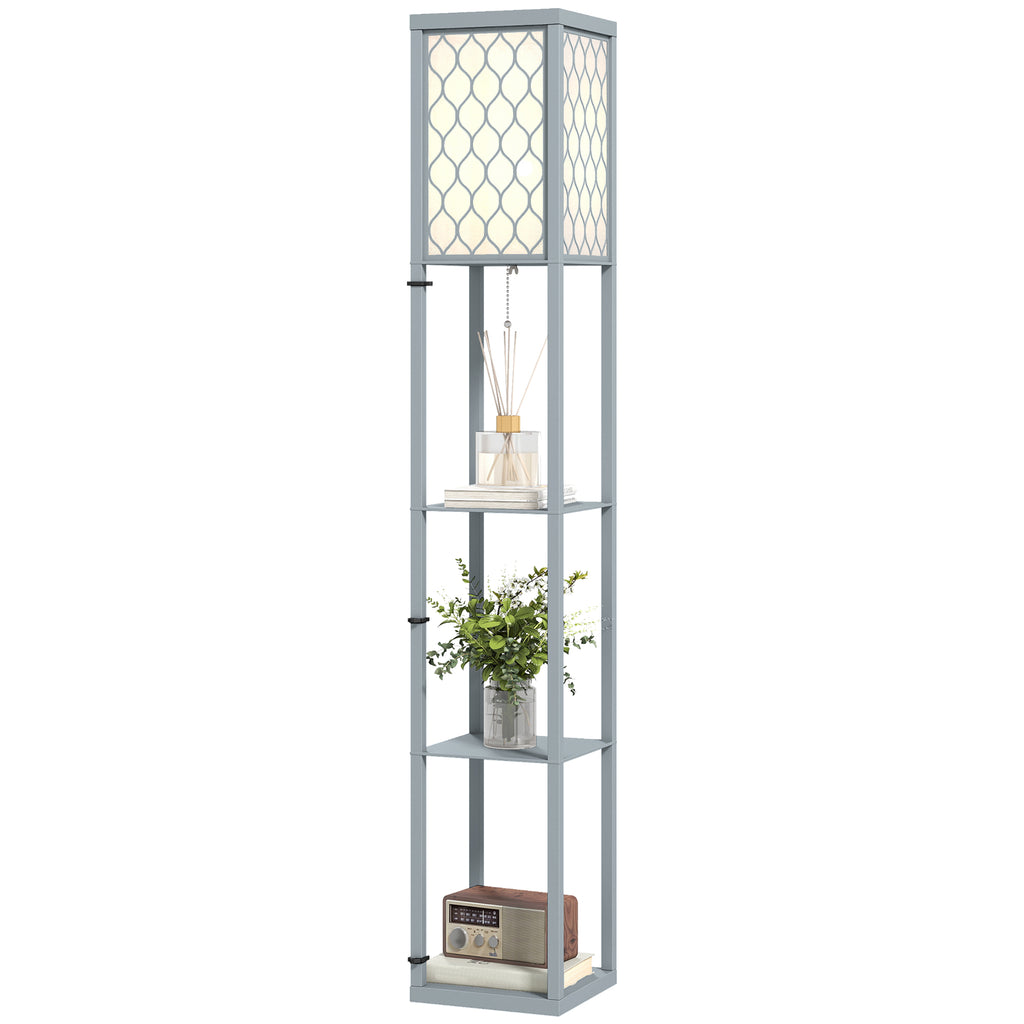 Stehlampe mit Regal, 3 Fächer, kompakte Maße, MDF, Hellgrau