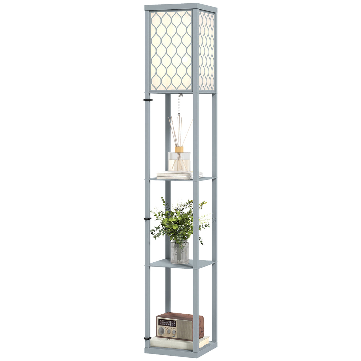 Stehlampe mit Regal, 3 Fächer, kompakte Maße, MDF, Hellgrau