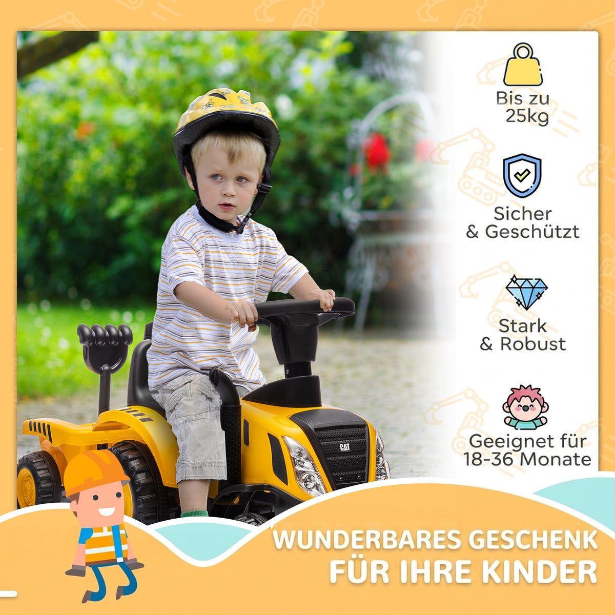 Sitzbagger Schaufel Lenkrad Kinder 1-3 Jahre bis 25kg Gelb