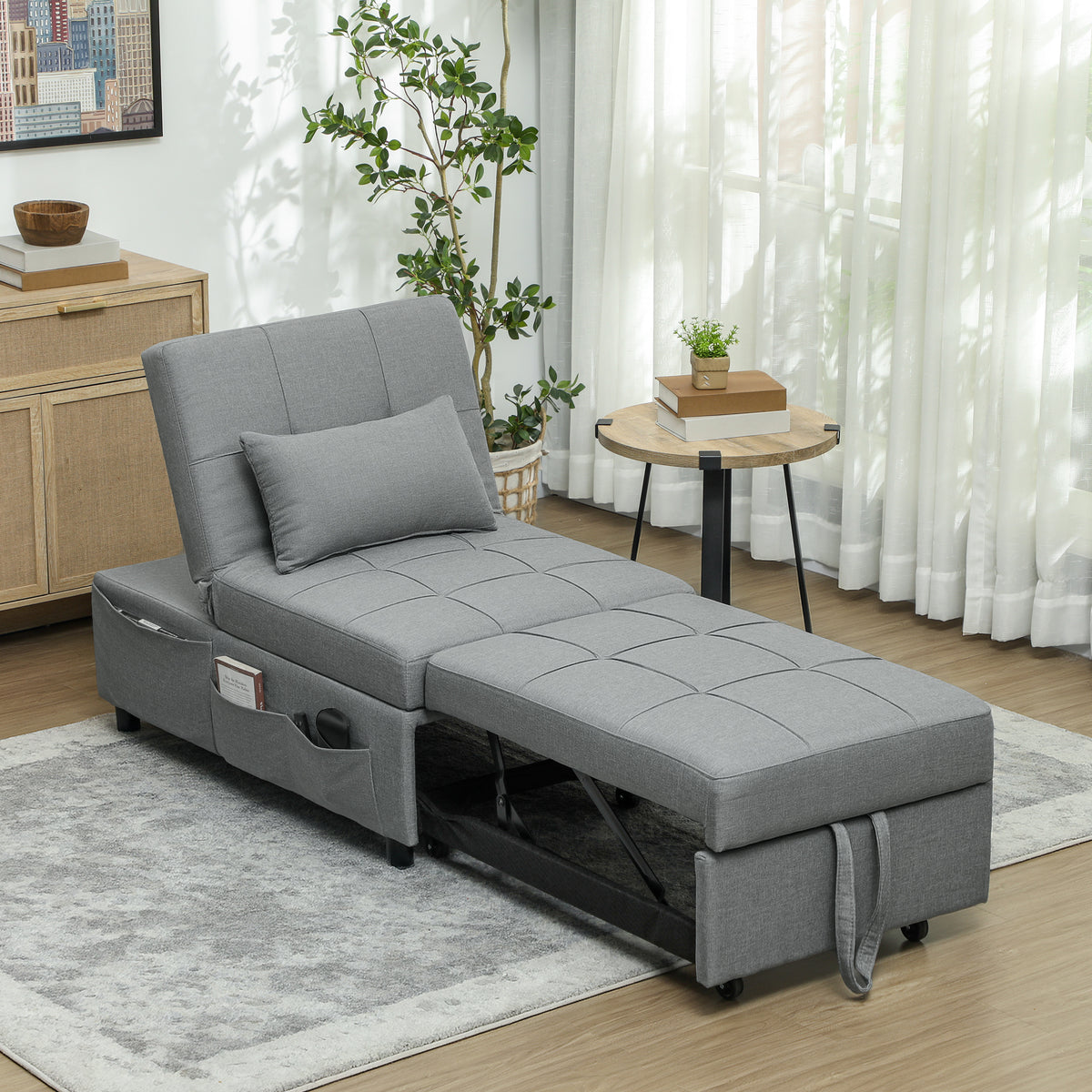 3-in-1 Klappsessel mit Seitentasche, Gästebett mit Kissen, Verstellbarer Rückenlehne, Bettsessel mit Rollen, Hellgrau