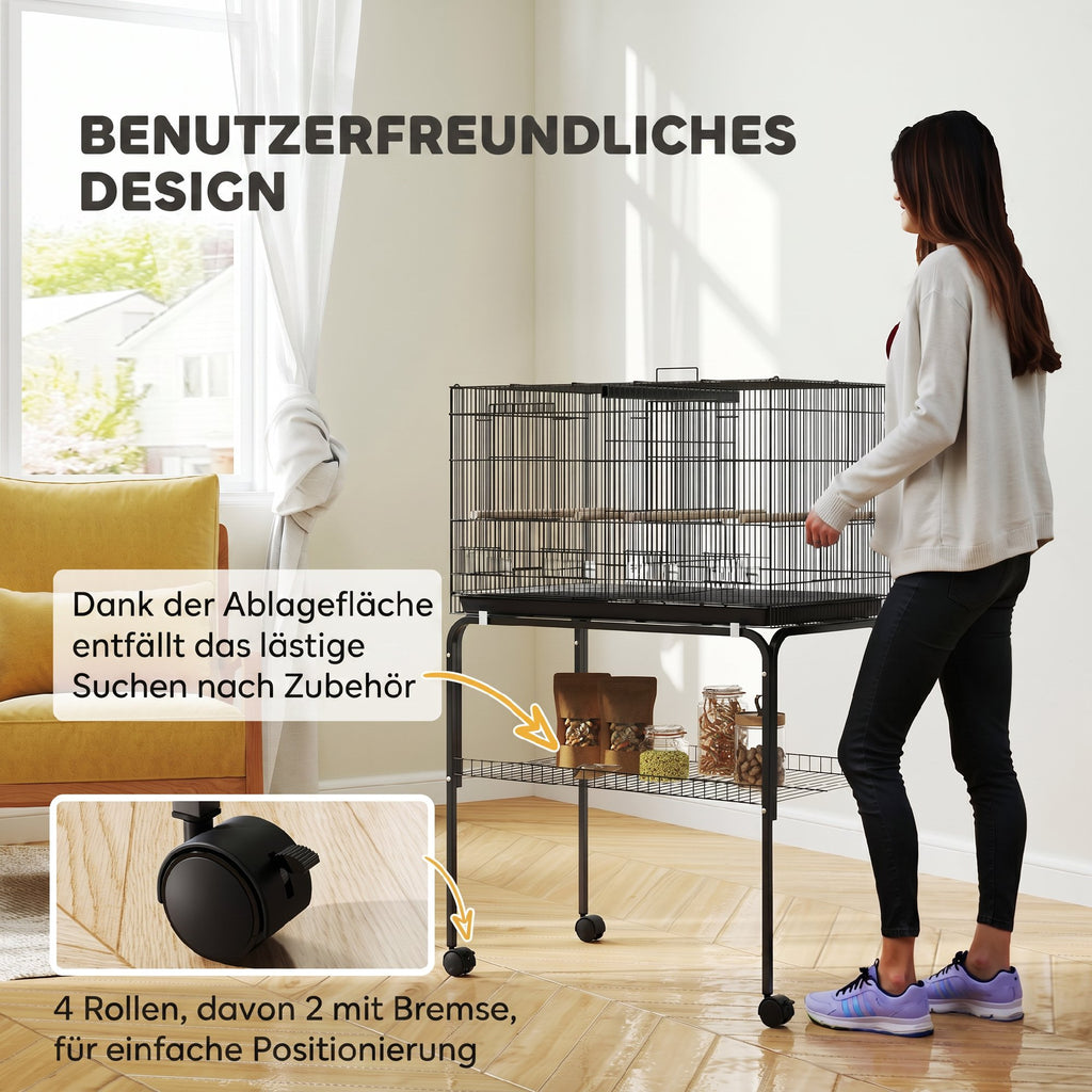 Bird Cage with Divider, 4 Wooden Perches, Slide Out Tray, 4 Feeders, for Budgie, Lovebird, Canary, 76 x 46 x 116cm Black