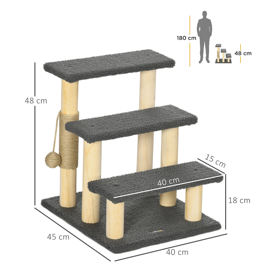 48cm Three-Step Cat Tree, with Toy Ball, Jute Scratching Post - Grey