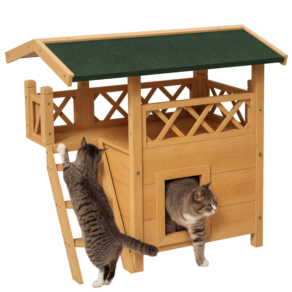 Cat House Outdoor w/ Balcony Stairs Roof, 77 x 50 x 73 cm, Natural Wood Finish