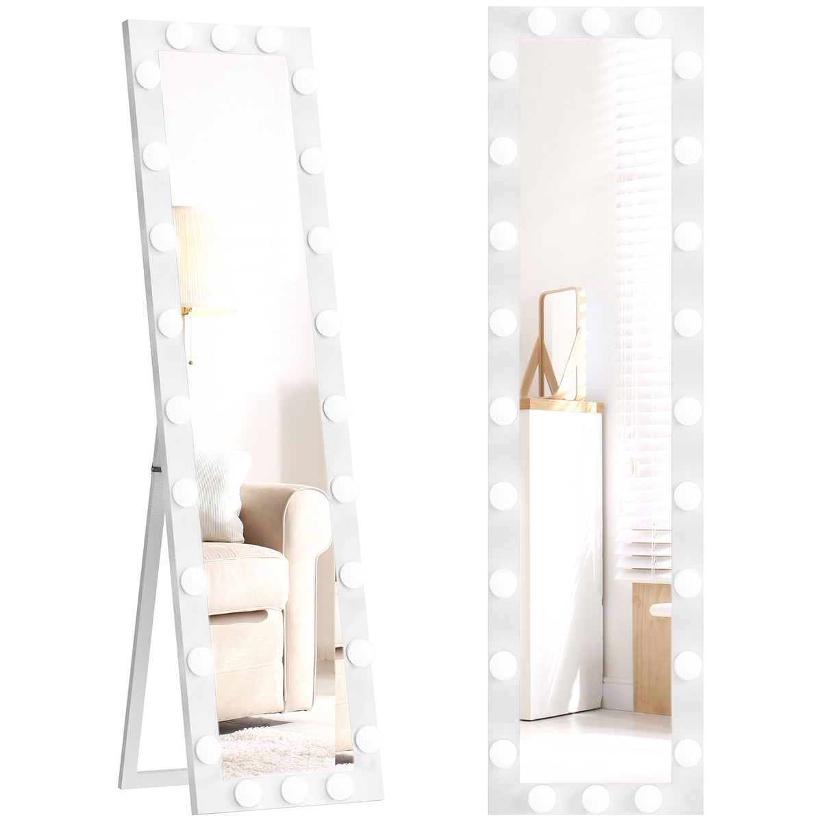 Ganzkörperspiegel 150x40 cm LED Spiegel mit 24 Glühbirnen 3 Lichtfarbe, freistehend oder anlehnbar Weiß