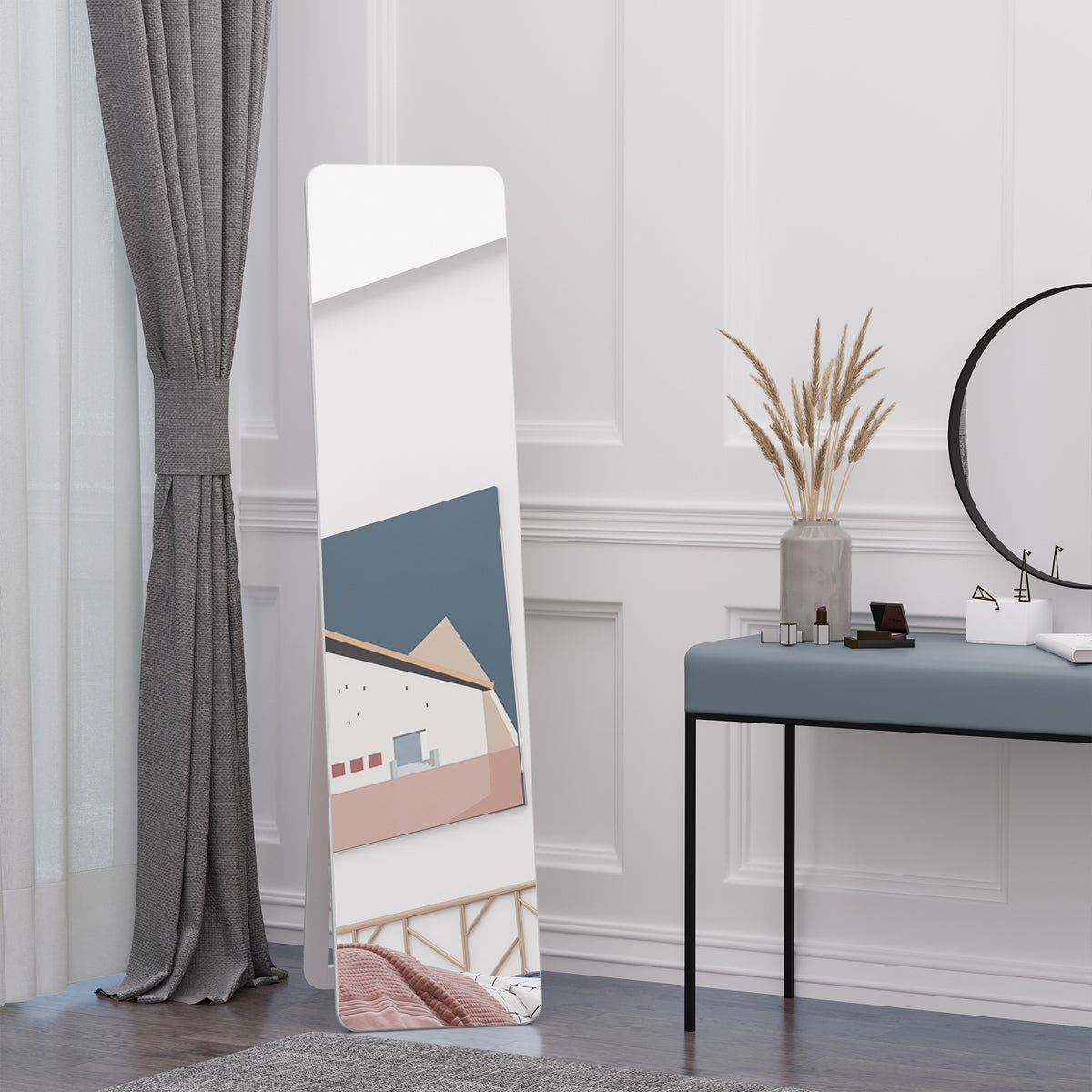 Standspiegel Ganzkörperspiegel mit klappbaren Rahmen Schminkspiegel frei stehend oder an der Wand montiert stabil für Wohnzimmer oder Ankleidezimmer Kiefernholz MDF Weiß 37 x 43 x 156 cm