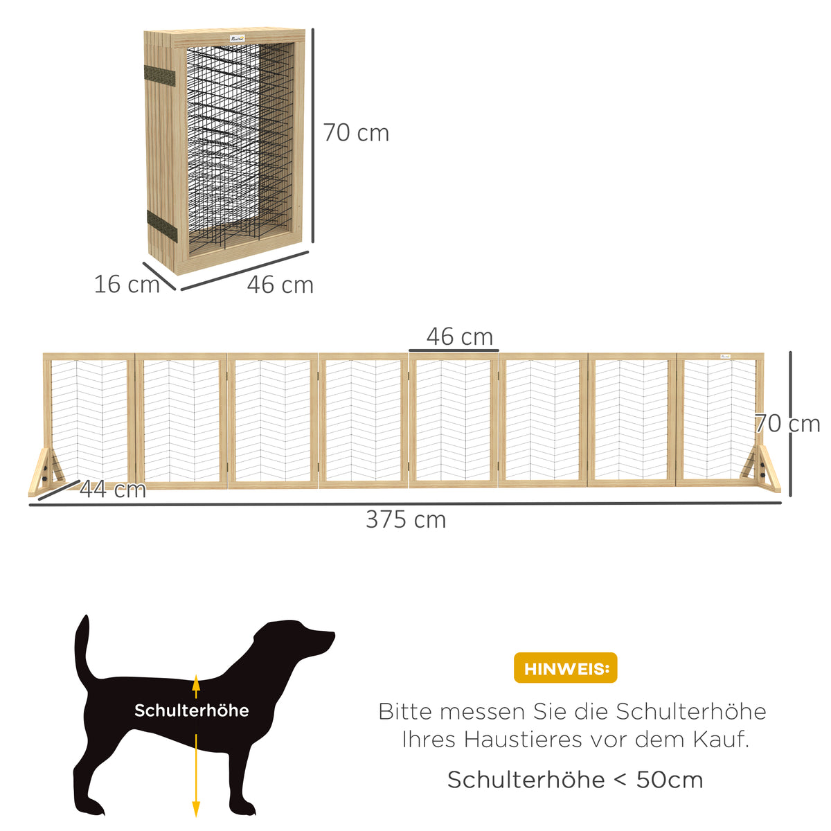 Hundegitter Treppengitter Absperrgitter, faltbar, Kiefernholz, 375 cm x 44 cm x 70 cm, Natur