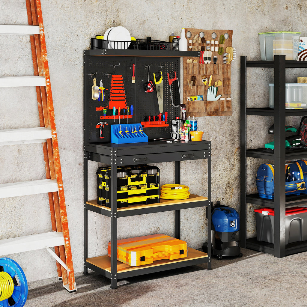 Werkbank 80 x 40,5 x 155 cm Werkzeugbank mit Lochwand, Haken, Schublade, 2 Ablagen f¨¹r Werkstatt Schwarz