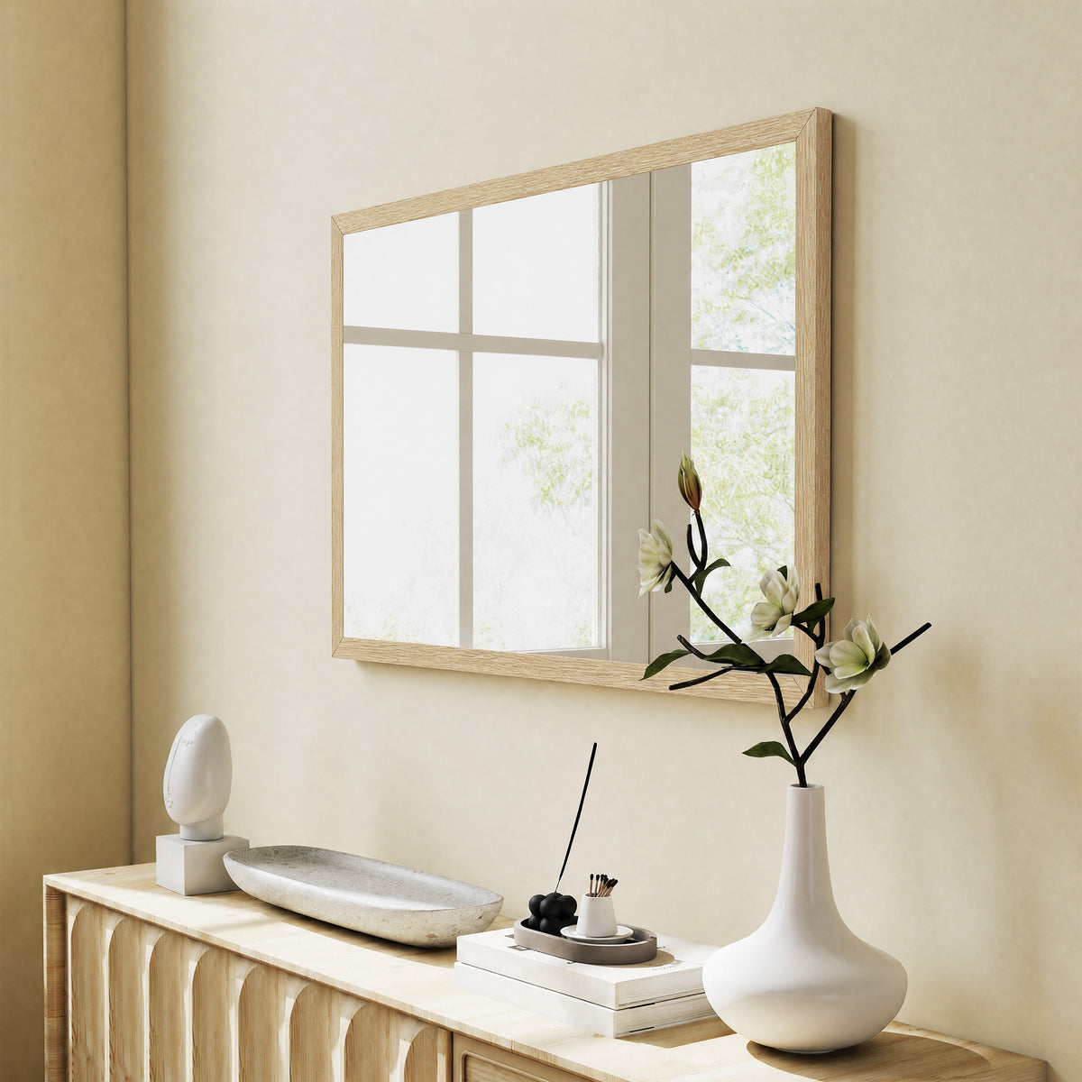 Wall Bathroom Mirror, 60 x 40 cm Wall-Mounted Mirror for Living Room, Bedroom, Hallway, Natural Wood Finish