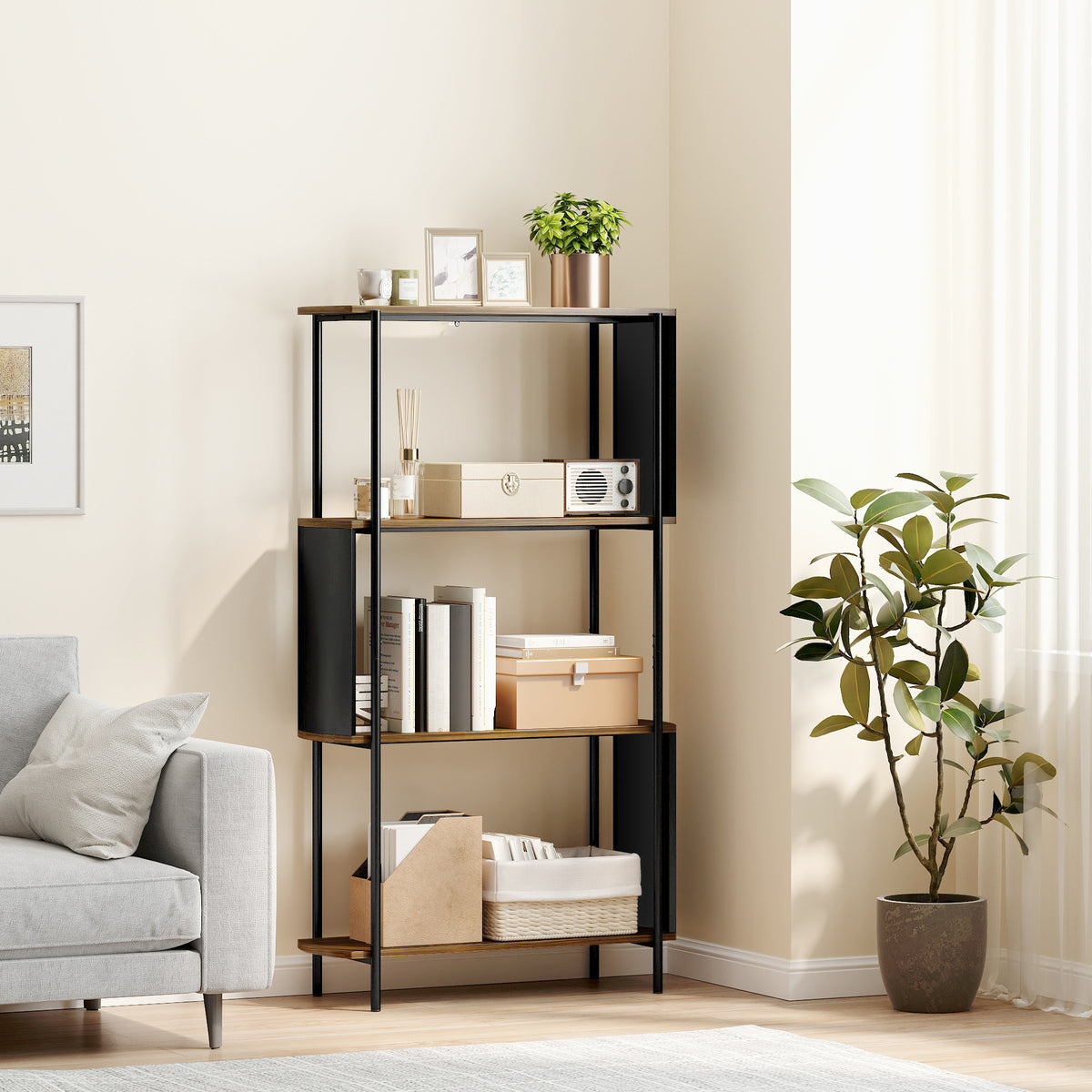 Bücherregal, Standregal mit 4 Ebenen,geschwungenem Design, für Wohnzimmer, Schlafzimmer 80 x 30 x 141 cm, Braun