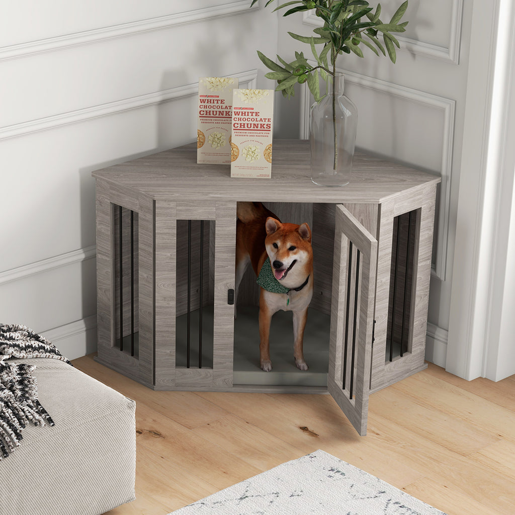 Hundebox, Hundekäfig, Eckdesign, inkl. Verriegelung, 1 Liegekissen, 104 x 55 x 63 cm, Braun