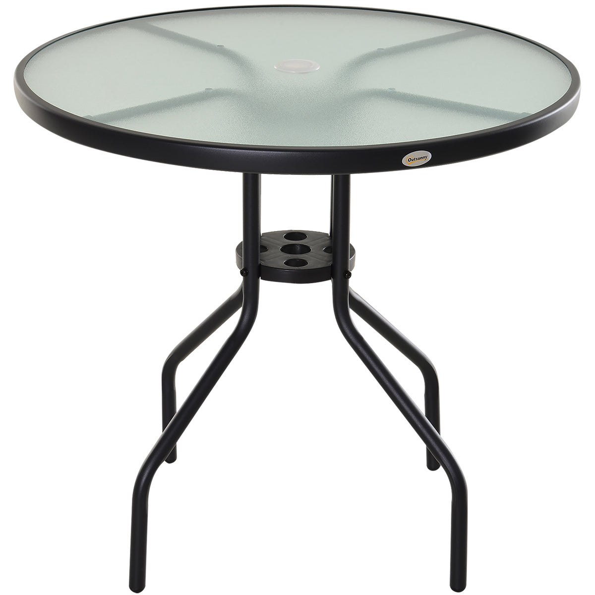  80 cm Round Garden Dining Table with Parasol Hole for 4, Outdoor Coffee Bistro End Side Table with Tempered Glass Top and Steel Frame for Patio, Porch, Black