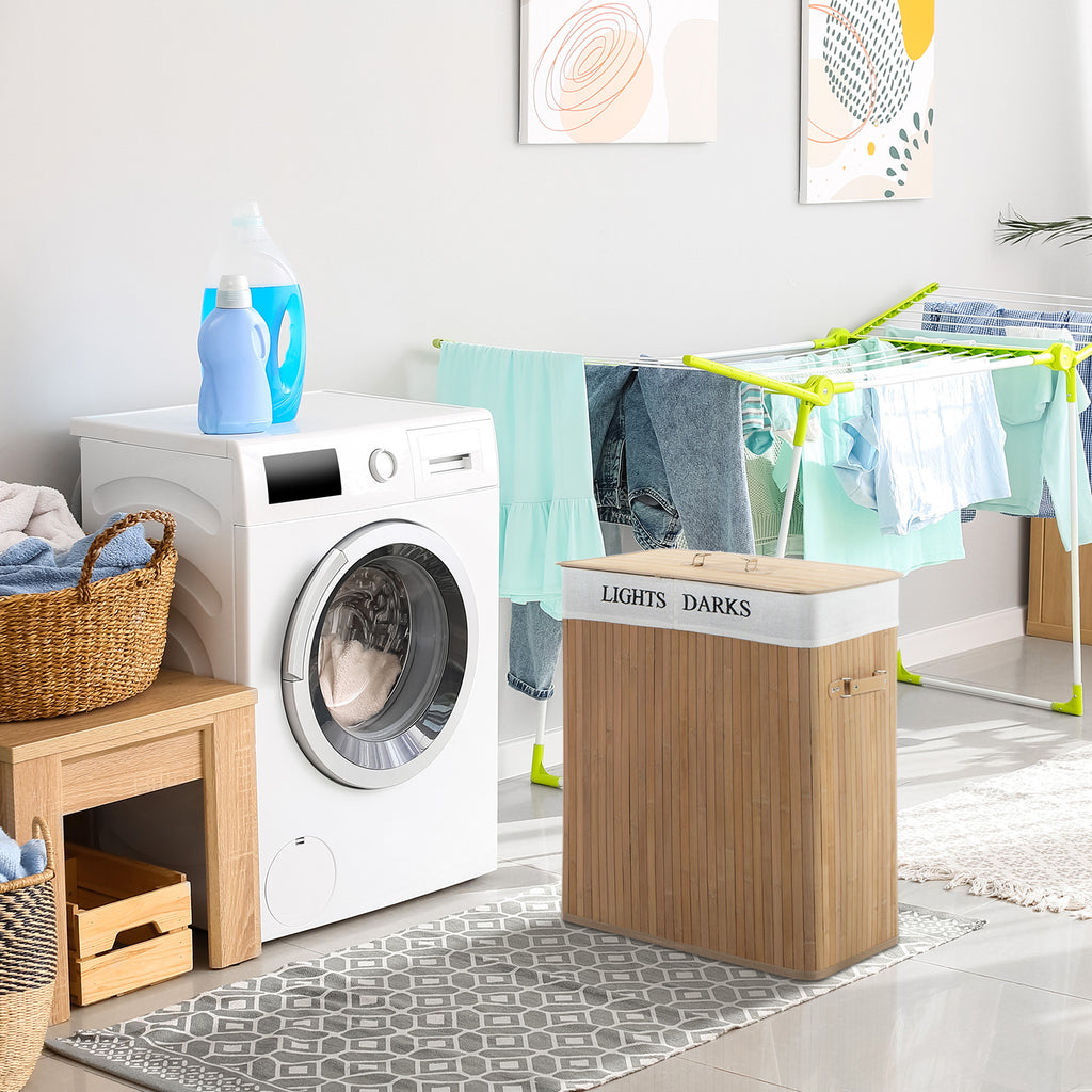 Bambus Wäschekorb mit Deckel 100 L Wäschesammler mit PU-Griffen, Wäschesack aus Segeltuch, Laundry Baskets Wäschesortierer für Waschküche Schlafzimmer Badezimmer Natur