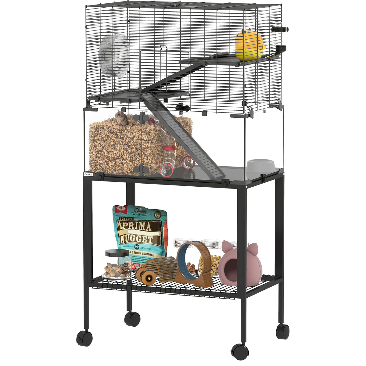 Hamsterkäfig, Kleintiergehege mit 3 Ebenen, Laufrad, Hütte, Plattformen, Rampen, Futterschale, Wasserflasche, Zubehör, Stahl, Kunststoff, Schwarz