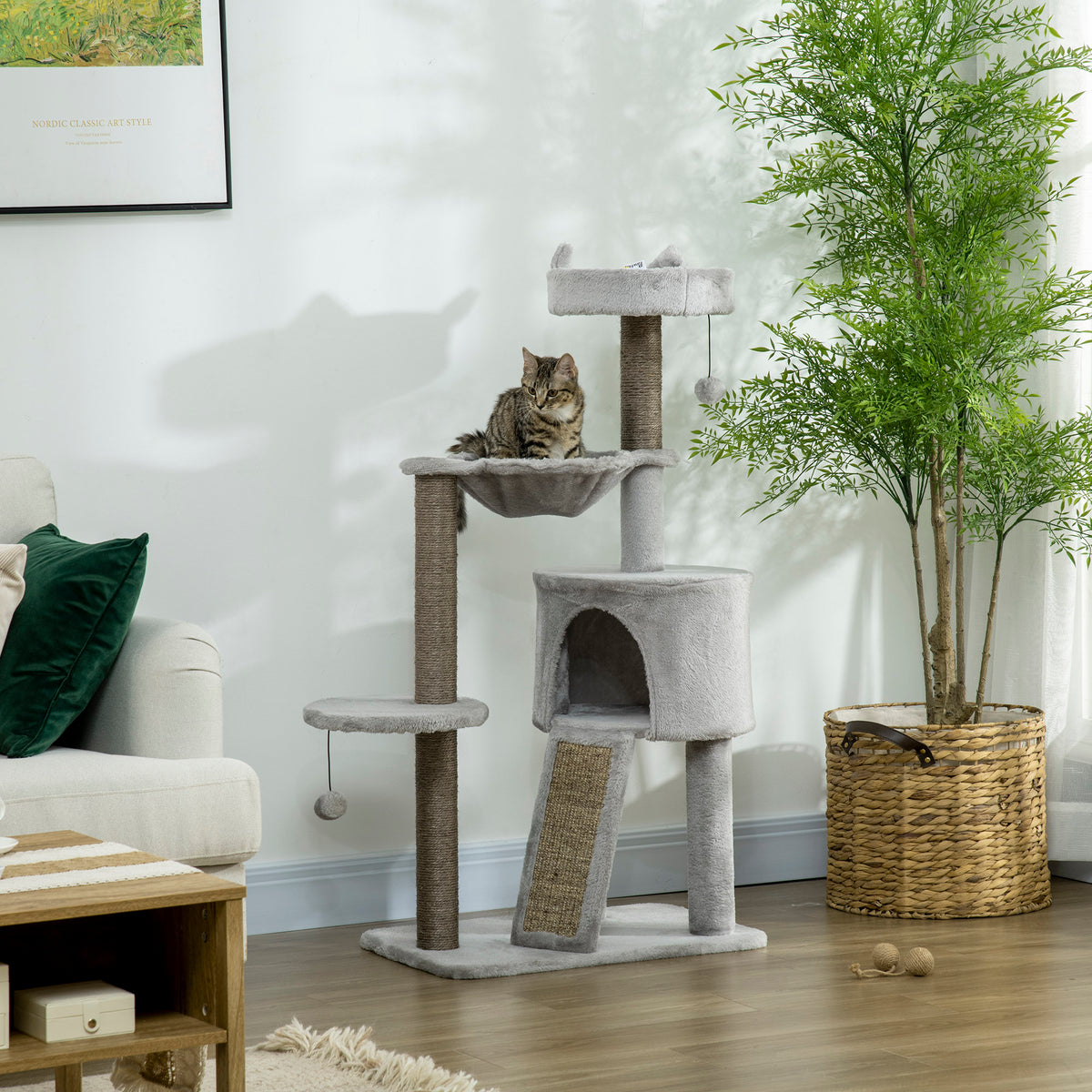 Kratzbaum inkl. Katzenhöhle, Katzenbett, Katzenhängematte und Spielzeug 60 cm x 40 cm x 113 cm, Hellgrau