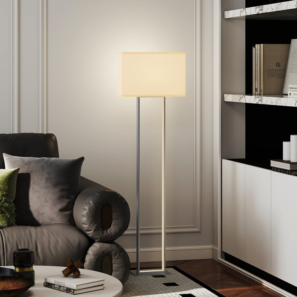 Moderne Stehlampe, 3 Modi, Fußschalter, verstellbare Helligkeit, Leinenoptik, Weiß