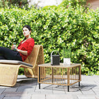 Polyrattan Gartentisch, 65 x 65 x 43 cm, wetterfest Beistelltisch quadrarisch mit Glasplatte Naturholz