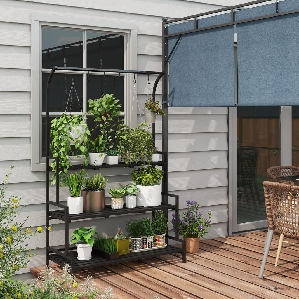3 Tiered Plant Rack with Hanging Hooks, Tall Plant Stand for Indoor Outdoor Porch Balcony Use, Black