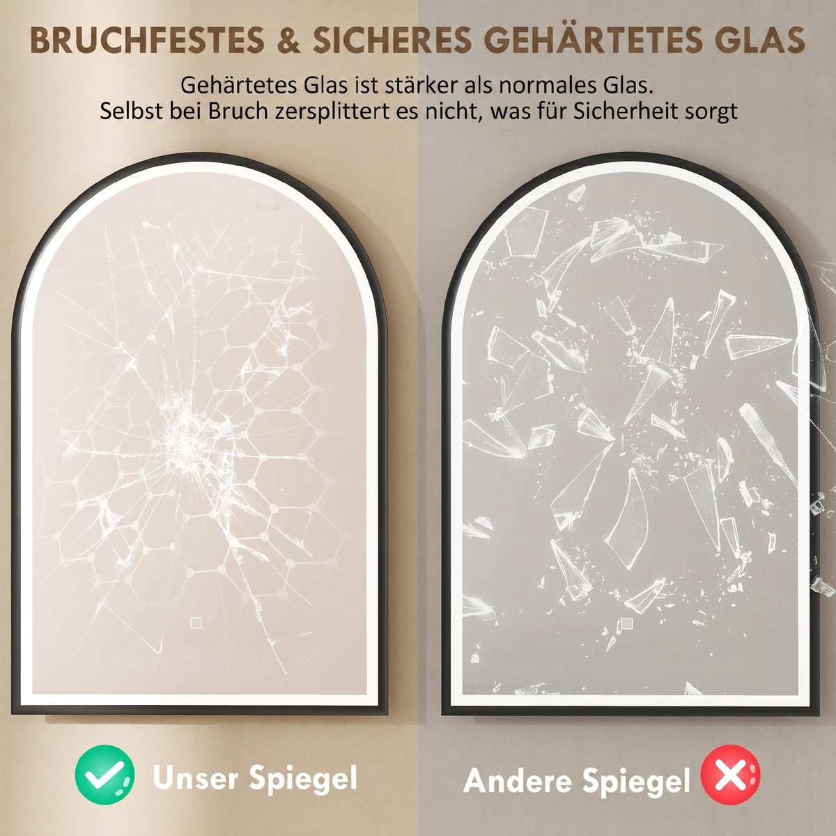 LED Badezimmerspiegel 60 x 90 cm mit Beleuchtung, Front- & Rückbeleuchtung, Memory-Funktion, Touch-Schalter, Schwarz