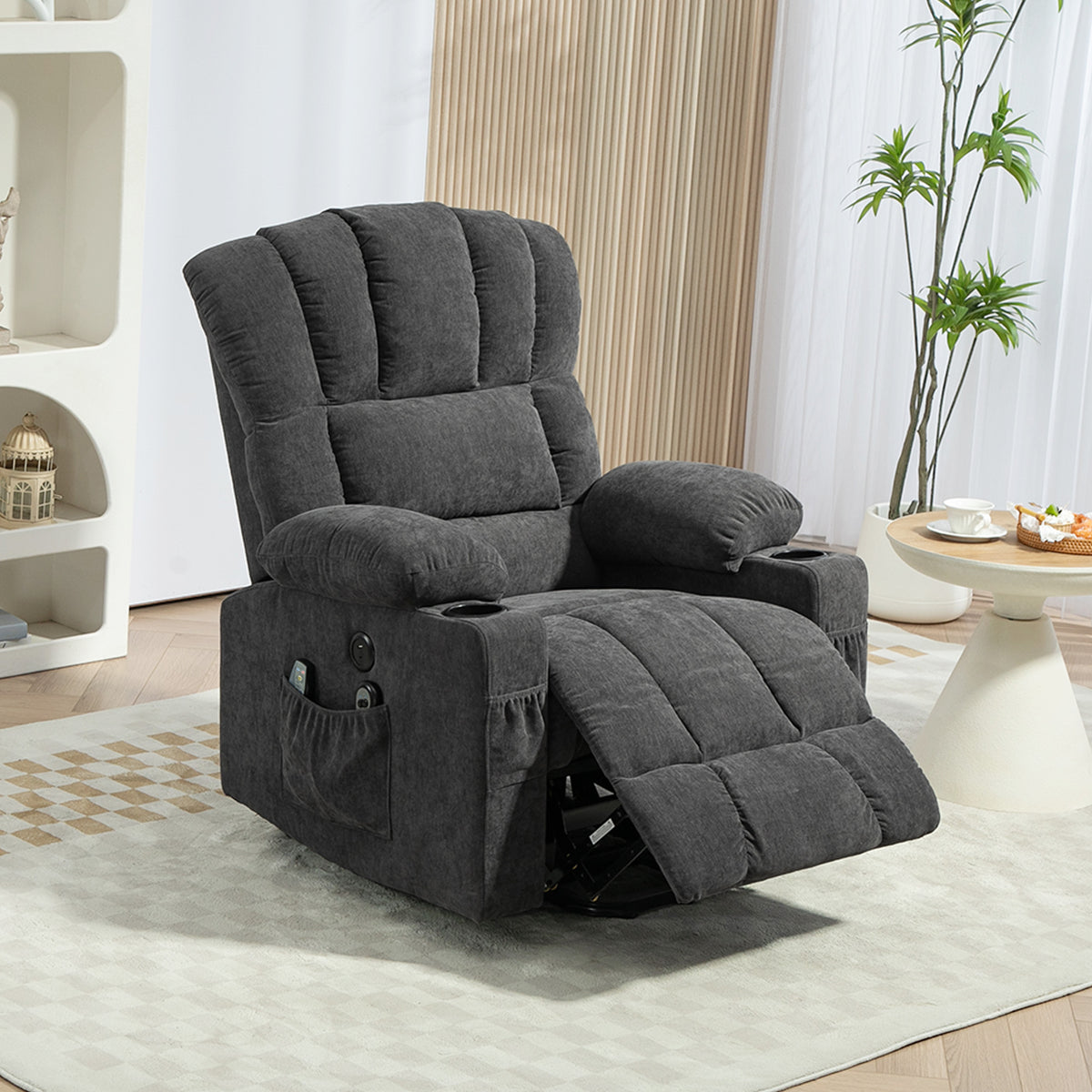 Elektrischer Power Lift Aufsteh-Sessel mit Massage- und W?rmefunktion, USB-Anschl¨¹ssen, Becherhaltern, Dunkelgrau