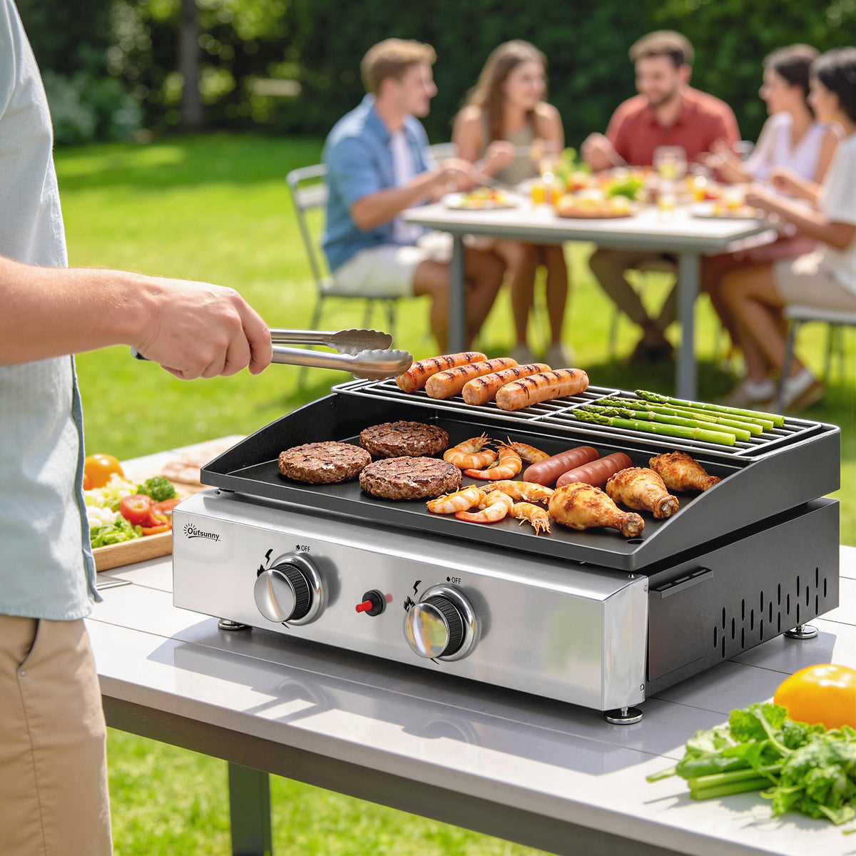 Gasgrill 5 KW Tragbarer Tischgrill mit 2 Brenner Keramische Lackbeschichtung Grillrost Warmhalterost