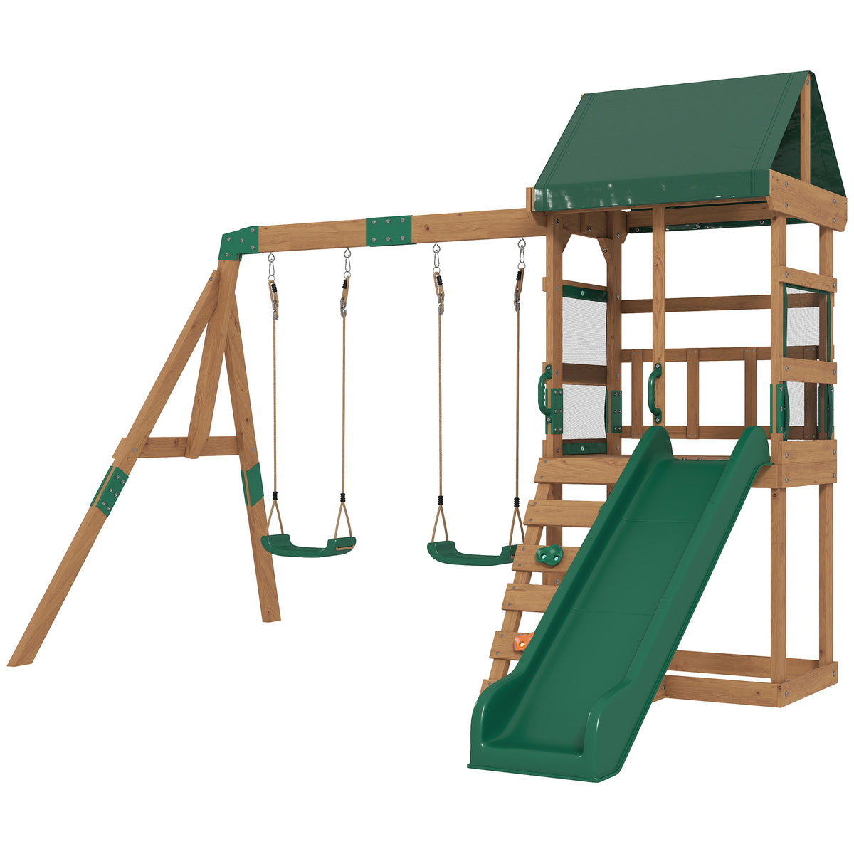 Spielturm Klettergerüst Holz Schaukelgestell mit Rutsche 2 Schaukeln Kletterwand für 3-8 Jahre 315x284x233 cm Grün