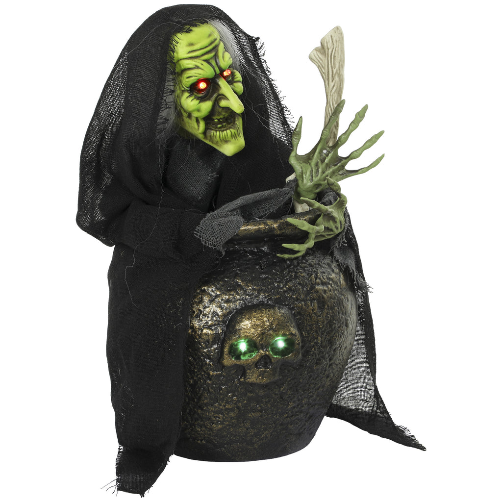 Animierte Halloween-Tischhexe mit Lachsound, leuchtenden Augen und Sound-/Touch-Aktivierung