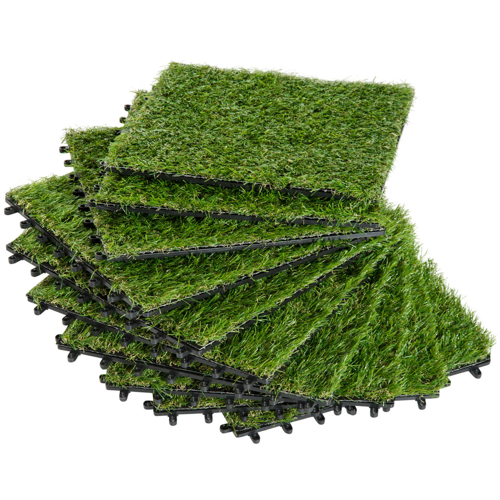 10-Piece Artificial Grass Set, Weatherproof Turf Tiles, 25mm Pile Height, Outdoor Carpet for Garden, Balcony & Patio, 30 x 30cm, Dark Green