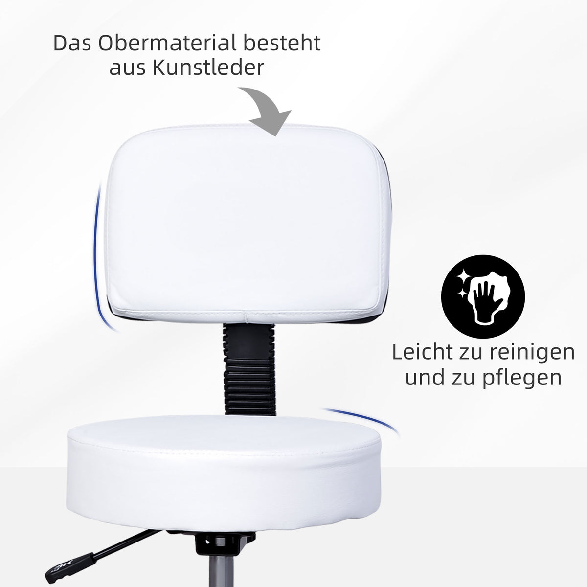 Rollhocker höhenverstellbar mit Rückenlehne Drehhocker 72-84 cm Arbeitshocker 360° drehbar Bürohocker für Büro Salon Massage Spa Weiß